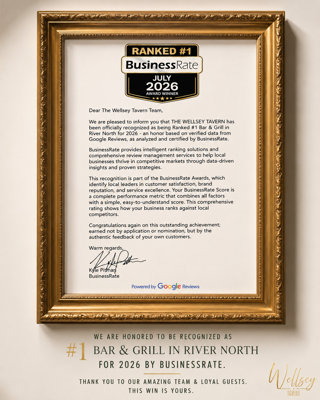 BusinessRate 2026 award recognizing Wellsey Tavern as the number one Bar and Grill in River North